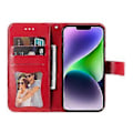 Miniatyrbillede 4 af 5: 7-bladets Blomst Relief Læderetui til iPhone 15 Plus (Rød)