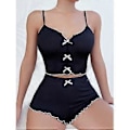 Miniatyrbillede 5 af 5: Dame Pyjamassæt Sexet V-Hals Sling Top og Elastiske Talje Shorts Sæt Lounge Nattøj Sæt (XL sort)