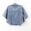 Miniatyrbillede 3 af 4: Denimjakke til Kvinder Sommer Løs Enkeltknappet Nedadvendt Krave Kortærmet Jakke Koreansk Mode Crop Coat (XL navy blå)