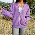 Miniatyrbillede 4 af 4: Hættetrøje med snøre, lange ærmer, lommer og lynlås, efterårsfarve, dame sweatshirt jakke (2XL sort)