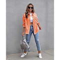 Miniatyrbillede 2 af 3: Løs Rippet Denimjakke Holdbar Vellavet Hudvenlig Blazer Til Forår Sommer Efterår Daglig Brug (L Orange)