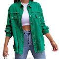 Miniatyrbilde 1 av 3: Løs Rippet Denimjakke Slitesterk Vellaget Hudvennlig Blazer For Vår Sommer Høst Daglig Bruk (S Grønn)