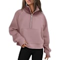 Miniatyrbillede 1 af 5: Dame Sweatshorter Halv Zip Croppede Trøjer Fleece Kvart Zip Hoodies Efterårs Outfits Tøj Tommelhul Mørkrosa, L