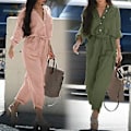 Miniatyrbilde 3 av 5: V-hals Jumpsuit med Knapper og Belte for Kvinner - Casual 3/4 Erme Solid Farge Cargo Jumpsuit Dameantrekk (4XL Grønn)