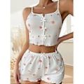 Miniatyrbillede 3 af 5: Dame Pyjamassæt Sexet V-hals Sling Top og Elastiske Talje Shorts Sæt Lounge Nattøj Sæt (S blomsterprint)
