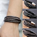 Miniatyrbild 2 av 5: Magnetiskt Läderarmband för Män, Flätat Armband (Svart Spänne & Brun)
