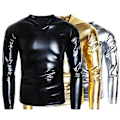 Miniatyrbillede 3 af 5: Mænd T-shirt Glansfuldt Udseende Ensfarvet Langærmet Top V-hals Slim Fit T-shirt Natklub Party Performance Kostumer (L Sølv)