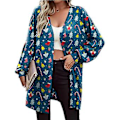 Miniatyrbillede 2 af 2: Dametøj Juletrykt Langærmet Mode Cardigan Jakke (XL Himmelblå)
