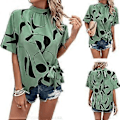 Miniatyrbillede 2 af 5: Kortærmet afslappet T-shirt til kvinder, sommer plisseret standkrave løse T-shirts bluse top L sort (L sort)