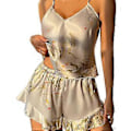 Miniatyrbild 1 av 5: Dam Cami Pyjamas Set V-ringad Ärmlös Linne Pjs Körsbärsmönstrad Sovkläder (L grå)