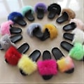 Miniatyrbilde 2 av 2: Flerfargede dame faux pels sandaler, åpne søte pels tøfler, komfortable pels sandaler med fluffy pels (STØRRELSE 40-41 5)
