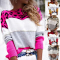 Miniatyrbillede 2 af 5: Langærmet Løstsiddende Strikket Trøje Efterår Vinter Leopard Print Patchwork Farve Trøje Damebeklædning (2XL Rød)