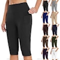 Miniatyrbillede 2 af 5: Knælange caprileggings til kvinder med lommer til afslappet træning, sommer, højtaljede yogabukser, leggings, sort S (S sort)