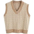 Miniatyrbild 2 av 5: Dam Houndstooth-mönstrad Stickad Tröjväst Ärmlös Lös V-ringad 90-tals Väst Pullover Stickad Topp