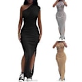 Pikkukuva 2 / 5: Yksi olkaimeton halkio pitkät hameet Maxihameet Hihaton Seksikäs hame Yksivärinen Bodycon Röyhelömekot Prom-juhliin Harmaa XL (XL Harmaa)