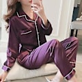 Miniatyrbild 1 av 3: Dam Satin Silk Look Pyjamas Långärmad Nattkläder Set (XL Lila)