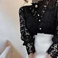 Miniatyrbillede 4 af 5: Langærmet Damebluse med Blonder, Fransk Bluser, Blomsterudskæring, Stående Krave (XL Sort)