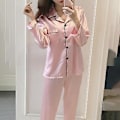 Miniatyrbild 3 av 4: Dam Satin Silk Look Pyjamas Långärmad Nattkläder Set (2XL Rosa)