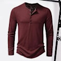 Miniatyrbillede 4 af 5: Mænd Efterår Forår T-shirt Rund Hals Knap Ensfarvet Tynd Langærmet Trøje Blød Casual Daglig Bottoming Top Sports Tøj (2XL Sort)