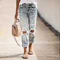 Miniatyrbillede 1 af 4: YYFS Dame Mode Flåede Denim Afslappede Bukser med Mellemhøj Talje & Capris Afslappede Bukser (XL lyseblå)