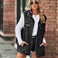 Miniatyrbilde 3 av 5: Mote Denim Vest For Kvinner Ermeløs Casual Løs Lang Jeansjakke Kåpe Street Hipster Dameklær XS-XL(S blå)