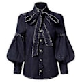 Miniatyrbilde 1 av 5: Mote-inspirert Denim Puff-ermer Bluser med Sløyfe for Kvinner Vår Høst Høy Hals (L)