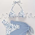 Miniatyrbillede 4 af 5: Dame Todelt Blomsterprint Badedragt Halterneck Badedragt med Strand Sarong Nederdel Todelt Halterneck Thong Badedragter Blå L(L )