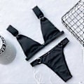 Miniatyrbillede 3 af 5: Sort M Dame Sommer Ensfarvet Høj Talje Bikini Badetøj Ærmeløs Dame Badedragt Sæt