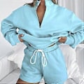 Miniatyrbild 4 av 5: Dam 2-delade träningsdräkter set avslappnad oversized dragkedja långärmad hoodies sweatshirt topp och shorts lounge set aprikos S(S aprikos)