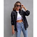 Miniatyrbilde 2 av 3: Løs Rippet Denimjakke Slitesterk Vellaget Hudvennlig Blazer For Vår Sommer Høst Daglig Bruk (2XL Svart)