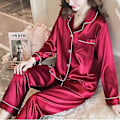 Miniatyrbild 1 av 5: Dam Satin Silk Look Pyjamas Långärmad Nattkläder Set (L Röd)
