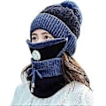 Miniatyrbilde 2 av 4: Vinterstrikket Lue Dame Varm Skilue Tykk Pompon Fleece Lue Blå
