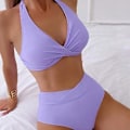 Miniatyrbild 2 av 3: Padded Push Up Halter Bikini Set för Kvinnor, Högmidje Badkläder, Sommar Strand Badkläder, Badkläder, Simdräkter (S Ljus Lila)