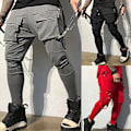 Miniatyrbilde 3 av 5: Cargobukser for menn med elastisk midje, frynser, flere lommer, ensfarget, middels høyde, casual, hiphop, streetwear (L rød)