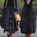Miniatyrbillede 2 af 4: Retro Folk Style Dame Mode Plaid Maxi Nederdel Splice Irregulær Swing Plisseret Høj Talje Lang Nederdel (XXXL)