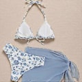 Miniatyrbillede 5 af 5: Dame Todelt Blomsterprint Badedragt Halterneck Badedragt med Strand Sarong Nederdel Todelt Halterneck Thong Badedragter Blå L(L )