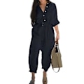 Miniatyrbillede 1 af 5: V-hals Jumpsuit med Knapper og Bælte til Kvinder - Casual 3/4 Ærme Solid Farve Cargo Jumpsuit Dame Outfit (S Sort)