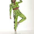Miniatyrbild 3 av 5: Rave-outfit för damer, glänsande crop top-hoodie, metalliska lediga långbyxor, hoodie-träningssweatshirt, discodans-klubbkläder (XX-Large Ljusgrön)