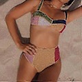 Miniatyrbillede 4 af 5: Højtaljet Bikini Dame Badedragt Kontrastfarve Patchwork Badetøj Kvinde Flash Badedragt Strandtøj Svømmedragt S(S )