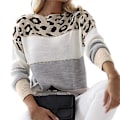 Miniatyrbild 1 av 5: Långärmad Löstsittande Stickad Tröja Höst Vinter Leopardmönstrad Patchwork Färgad Pullover Tröja Damkläder (2XL Grå)