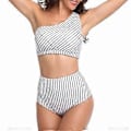 Miniatyrbillede 5 af 5: Dame One Shoulder Badedragt Tankini Højtaljet Bikini Sæt 2 Dele Push Up Badedragt - Stribet