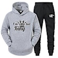 Pikkukuva 1 / 2: King Queen -collegepaita-setti miehille ja naisille, vapaa-ajan urheiluhupparisetti, kaksiosainen asu -NMAOV (XL KING harmaa ja musta)