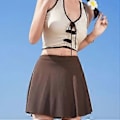 Miniatyrbillede 5 af 5: Dame To-delt Badedragt, Halterneck Bikinis Crop Top og Nederdel Bikinis Underdele med Shorts, Badedragt Kaffefarve M(M Kaffefarve)