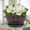 Miniatyrbild 3 av 4: 2 Set Dräneringshål Blomkrukor Imitation Trä Retro Planteringskrukor med Fat