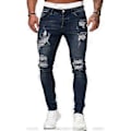 Pikkukuva 1 / 3: Miesten suorat slim fit -joustofarkut, revityt, kulutetut, joustavat farkut taskuilla, muodikkaat rennot farkut, housut, tummansininen S (S tummansininen)