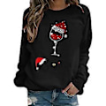 Miniatyrbilde 1 av 2: Jule Dame Langermet Vinglass Trykk T-skjorte Jul Uformell Løs Rund Hals Genser Skjorter Bluse Pullover Topper -NMAOV(3XL Svart)
