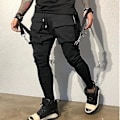 Miniatyrbillede 4 af 5: Cargobukser til mænd med elastisk talje, frynser, multilommer, ensfarvet, mellemhøj, afslappet, hiphop, streetwear (L Sort)