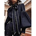 Miniatyrbilde 3 av 5: Mote-inspirert Denim Puff-ermer Bluser med Sløyfe for Kvinner Vår Høst Høy Hals (L)