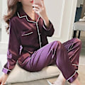 Miniatyrbild 1 av 3: Dam Satin Silk Look Pyjamas Långärmad Nattkläder Set (L Lila)