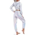 Miniatyrbilde 2 av 3: Rave-antrekk for kvinner, skinnende crop top-hettegenser, metalliske fritidsbukser, hettegenser-treningsgenser, discodanse-klubbklær (Medium Holographic)